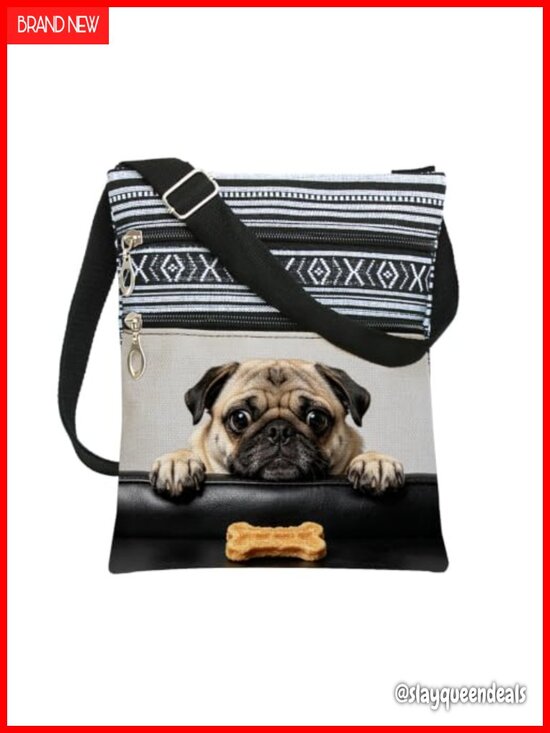 Handbags - Pug Print Crossbody Bag Boho Polyester Adjustable Strap Multi Zip Purse Small